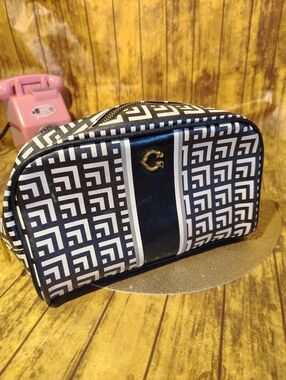 Balmain Black and White Geometric Cosmetic Pouch with Gold C Accent